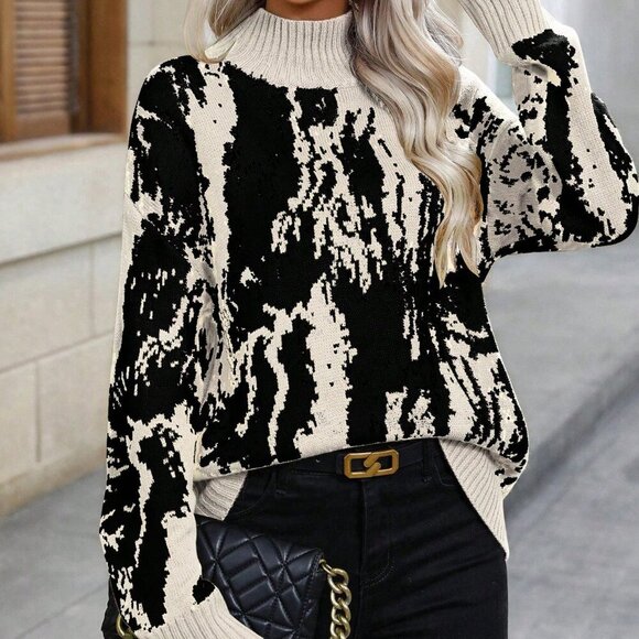 Apricot Casual Women's Graphic Pattern Mock Neck Drop Shoulder Sweater - Picture 6 of 6